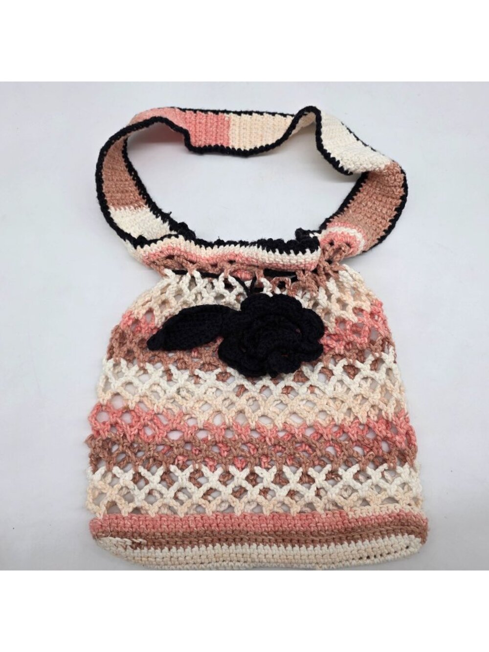 Handmade Crochet Boho Bag With Black Flower & Colorful Strap